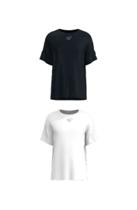two women's t - shirts on a black background